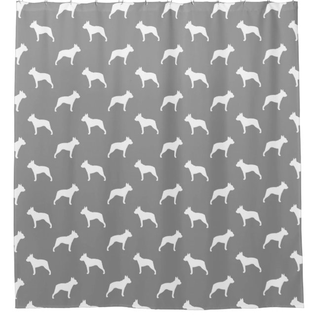 Boston Terrier Silhouettes Pattern Grey Shower Curtain (Front)