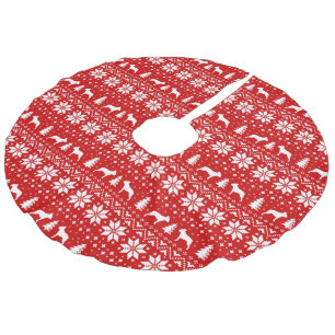 Boston Terrier Silhouettes Pattern Red Faux Linen Tree Skirt