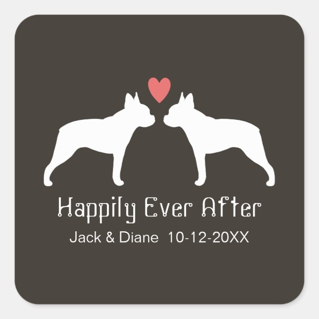 Boston Terrier Silhouettes with Heart and Text Square Sticker (Front)