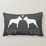 Boston Terrier Silhouettes with Heart Custom Text Lumbar Cushion<br><div class="desc">This cute Boston Terrier Silhouettes with Heart decorative throw pillow makes a fun gift for weddings or anniversaries. Silhouettes of two Bostons in love. The text "happily ever after" can be changed and personalised with the names of the bride and groom. A fun house warming gift for dog lovers, newlyweds,...</div>