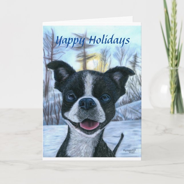 Boston Terrier Snow Holiday Greeting Card (Front)