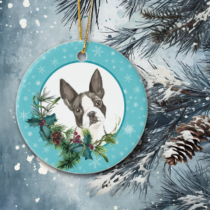 Boston Terrier Snowflake Blue Bouquet Ceramic Tree Decoration