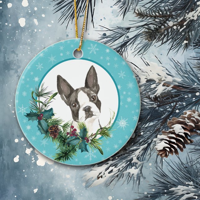 Boston Terrier Snowflake Blue Bouquet Ceramic Tree Decoration (Creator Uploaded)