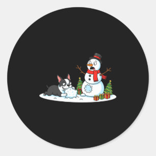 Boston Terrier Snowman Christmas Tree Xmas Womens Classic Round Sticker