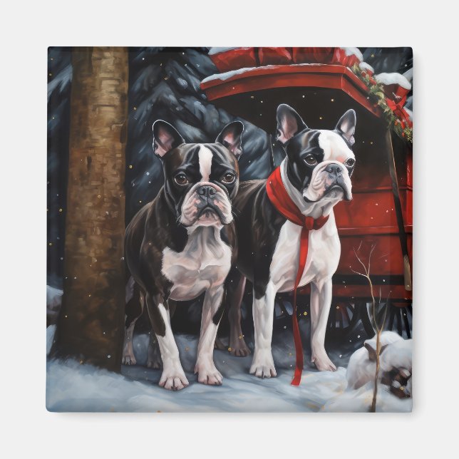 Boston Terrier Snowy Sleigh Christmas Decor   Magnet (Front)