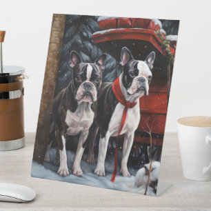 Boston Terrier Snowy Sleigh Christmas Decor Pedestal Sign