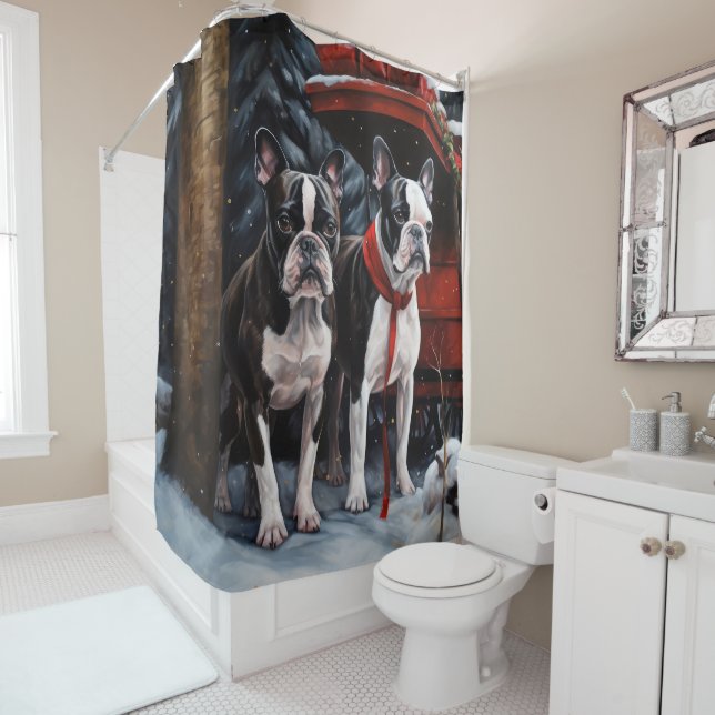Boston Terrier Snowy Sleigh Christmas Decor   Shower Curtain (In Situ)