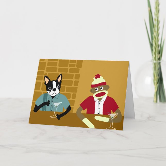 Boston Terrier & Sock Monkey Card (Front)