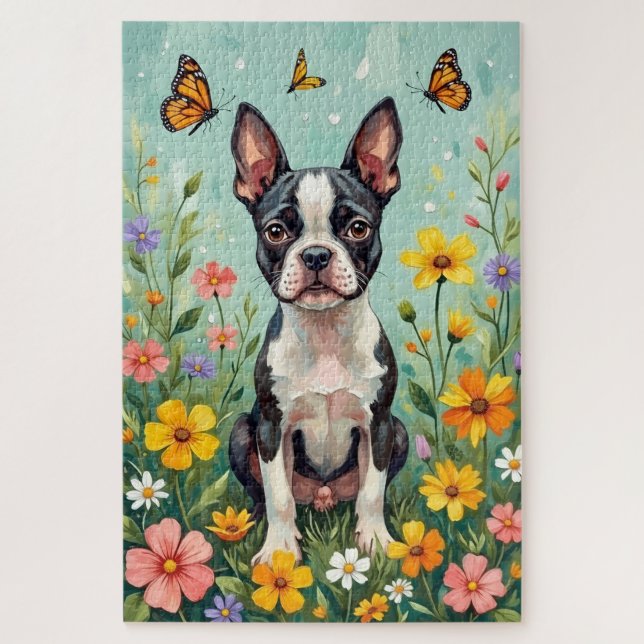 Boston Terrier Spring Botanical Garden Dog Jigsaw Puzzle (Vertical)