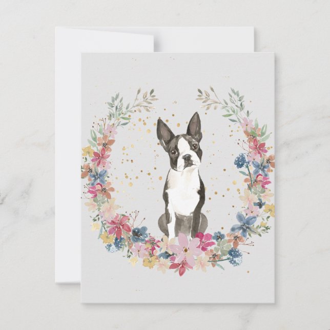 Boston Terrier Spring Flowers Monogram Card (Front)