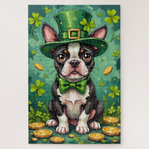 Boston Terrier St Patrick’s Day Funny Lucky Dog Jigsaw Puzzle
