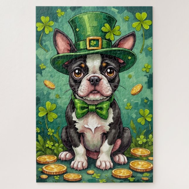 Boston Terrier St Patrick’s Day Funny Lucky Dog Jigsaw Puzzle (Vertical)