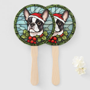 Boston Terrier Stained Glass Christmas Hand Fan