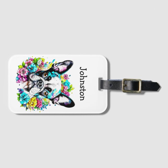 Boston Terrier surrounded by Flowers Personalised Luggage Tag (Front Horizontal)