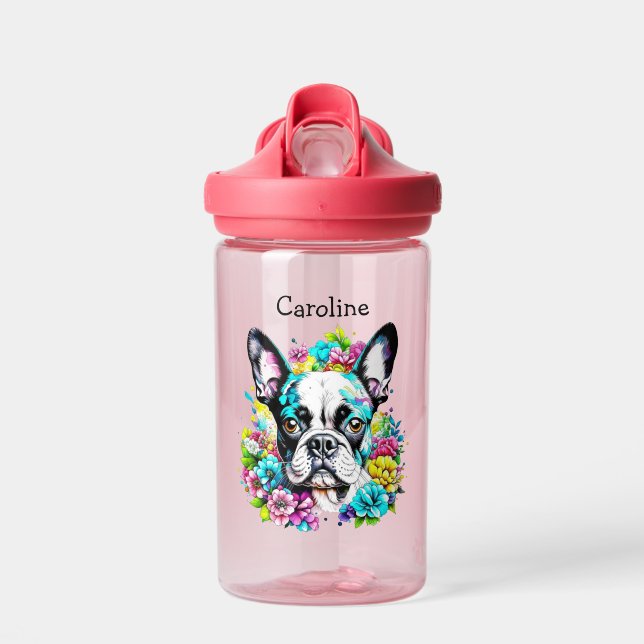 Boston Terrier surrounded by Flowers Personalised Water Bottle (Front)