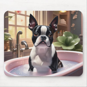 Boston Terrier Taking a Bubble Bath Mouse Pad