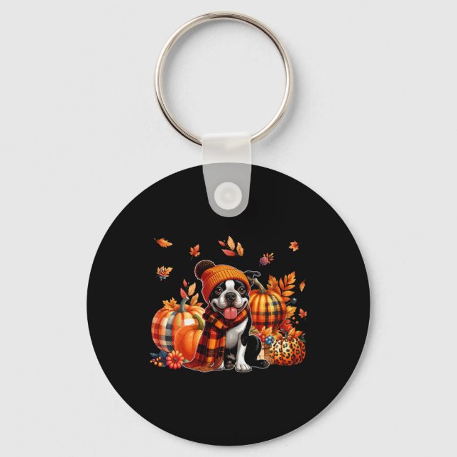 Boston Terrier Thanksgiving Leopard Pumpkins Fall  Key Ring (Front)