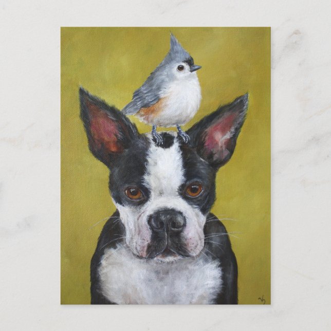 Boston Terrier & titmouse postcard (Front)