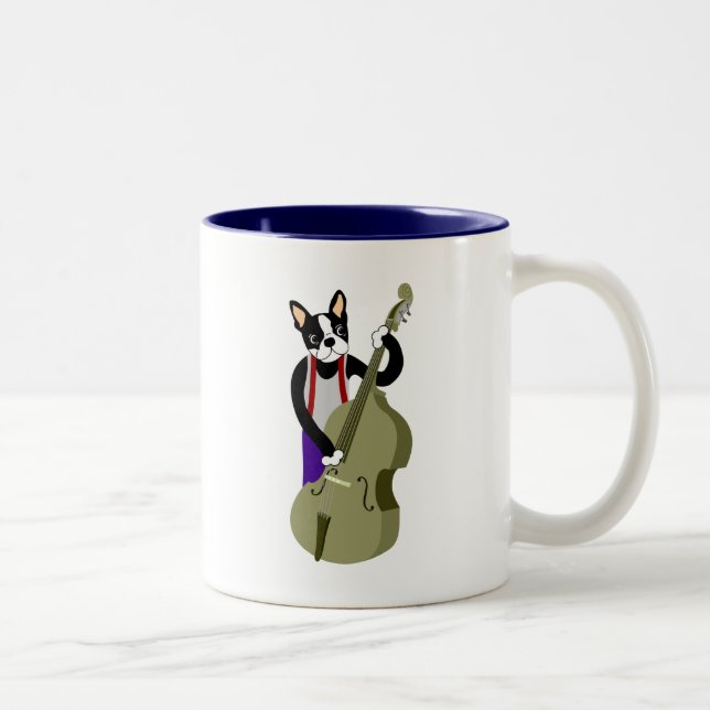 Boston Terrier Upright  Bass Player Two-Tone Coffee Mug (Right)