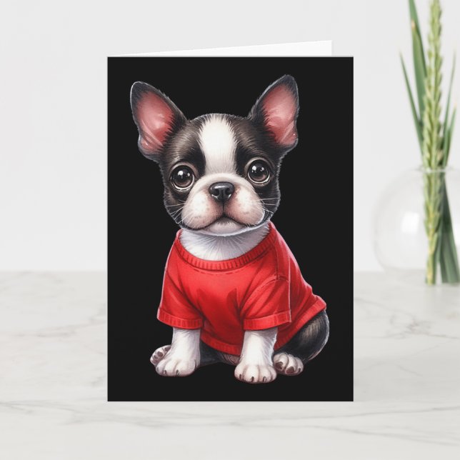 Boston Terrier Valentine Day Red Heart Love Puppy  Card (Front)