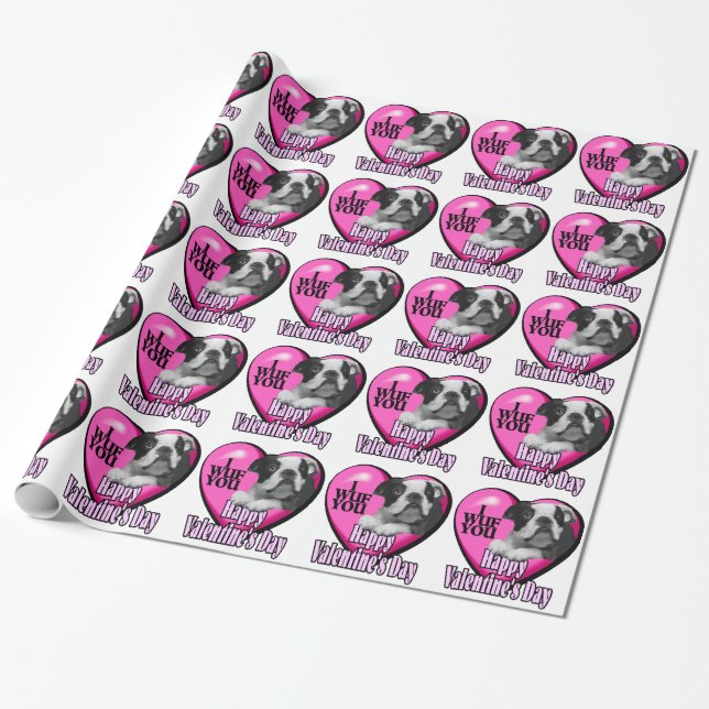Boston Terrier Valentines Day Wrapping Paper (Unrolled)