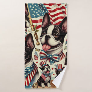 Boston Terrier Vintage Seamless Illustration Bath Towel