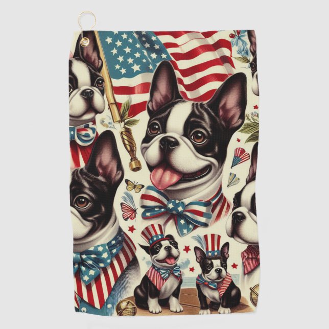 Boston Terrier Vintage Seamless Illustration Golf Towel (Front)