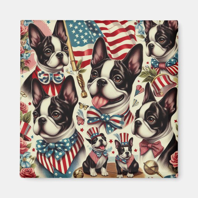 Boston Terrier Vintage Seamless Illustration Magnet (Front)