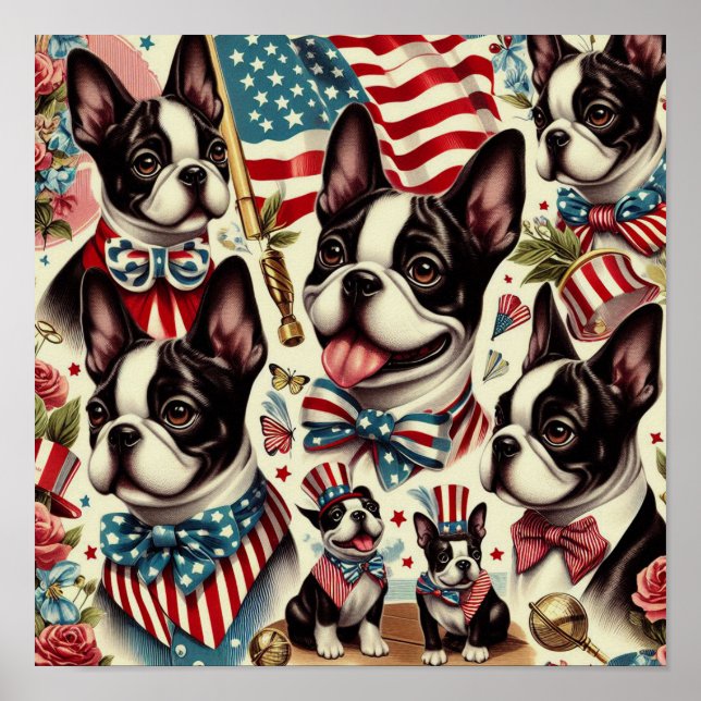 Boston Terrier Vintage Seamless Illustration Poster (Front)