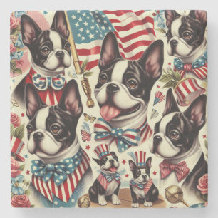Boston Terrier Vintage Seamless Illustration Stone Coaster
