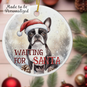 Boston Terrier Waiting For Santa Snowy Christmas Ceramic Tree Decoration