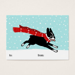 Boston Terrier Wearing Red Scarf Holiday Gift Tags