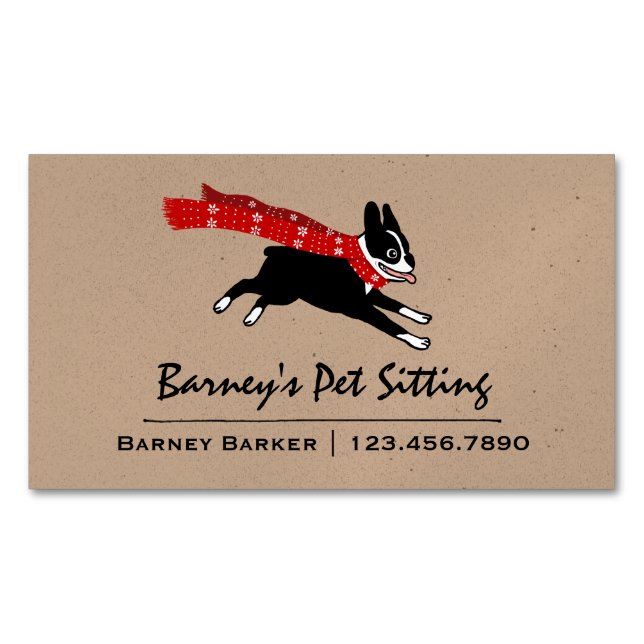 Boston Terrier Wearing Red Winter Scarf Magnetic Business Card (Front)