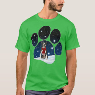 Boston Terrier Winter Snow Paw Dogs Christmas  T-Shirt