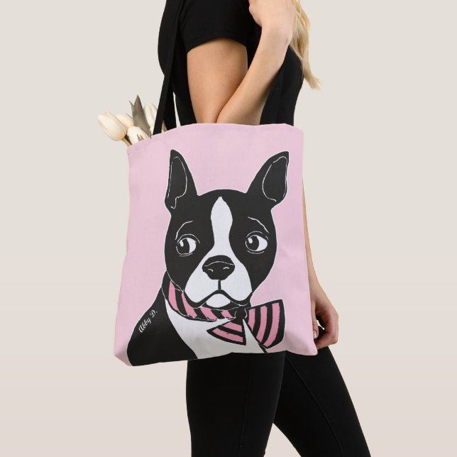 Boston Terrier with Bow Tie Light Pink Tote Bag (Close Up)