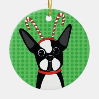 Boston Terrier with Candy Cane Headband Ornament
