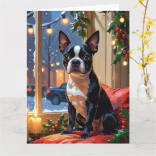 Boston Terrier with Christmas Lights Holiday Card