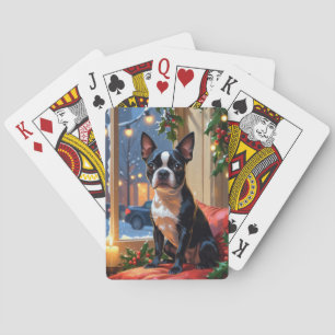 Boston Terrier with Christmas Lights Holiday Playing Cards
