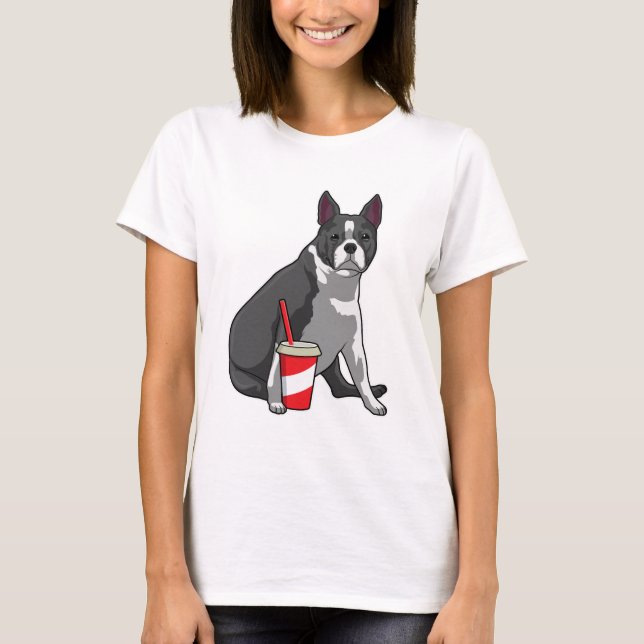 Boston Terrier with Drink T-Shirt (Front)