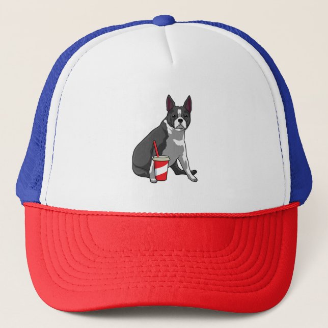 Boston Terrier with Drink Trucker Hat (Front)