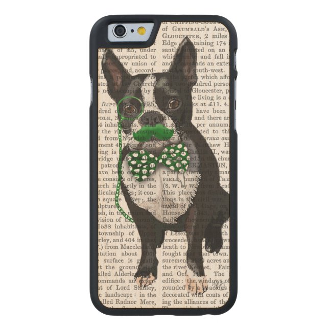 Boston Terrier With Green Moustache And Spotty Carved Wood iPhone Case (Back)