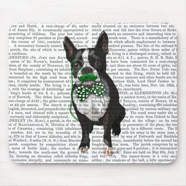 Boston Terrier With Green Moustache And Spotty Mouse Pad (Front)