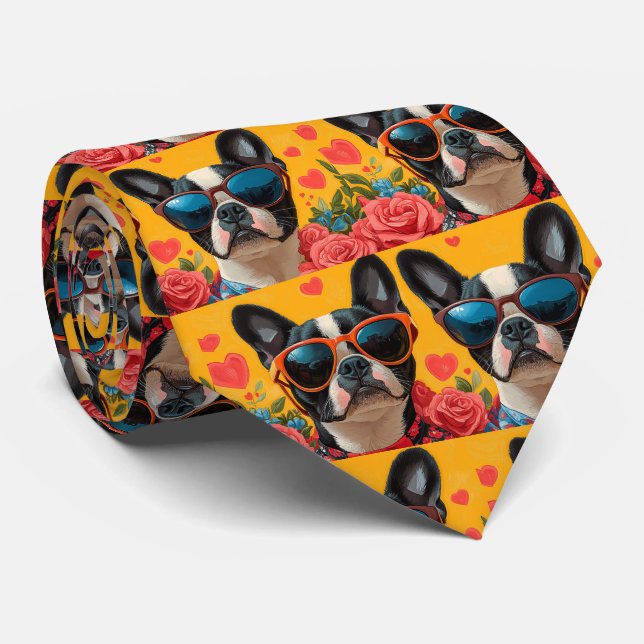 Boston Terrier With Heart Roses Valentine's Day Tie (Rolled)