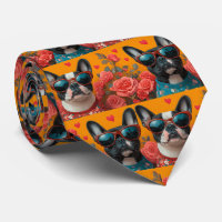 Boston Terrier With Heart Roses Valentine's Day