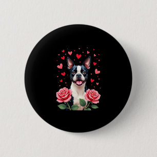 Boston Terrier with Red Roses Hearts Valentine�s D 6 Cm Round Badge