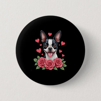 Boston Terrier with Red Roses Hearts Valentine�s D 6 Cm Round Badge