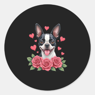 Boston Terrier with Red Roses Hearts Valentine�s D Classic Round Sticker