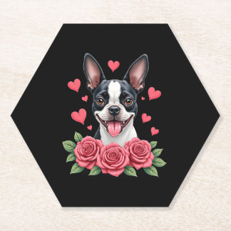 Boston Terrier with Red Roses Hearts Valentine�s D Paper Coaster