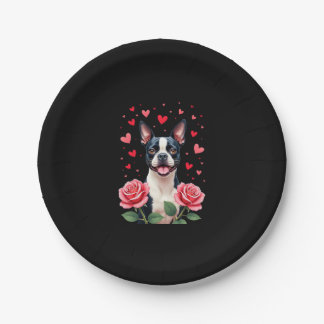 Boston Terrier with Red Roses Hearts Valentine�s D Paper Plate