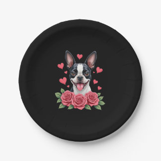 Boston Terrier with Red Roses Hearts Valentine�s D Paper Plate